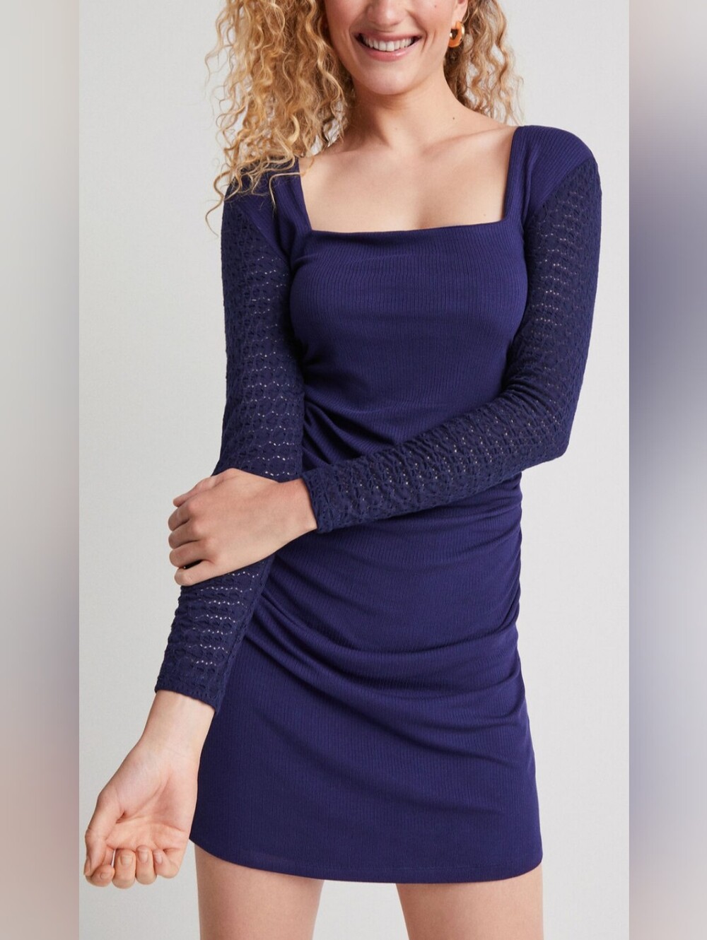 DESIGUAL | Women's Navy Open Knit Long Sleeved Ribbed Bodycon Mini Dress